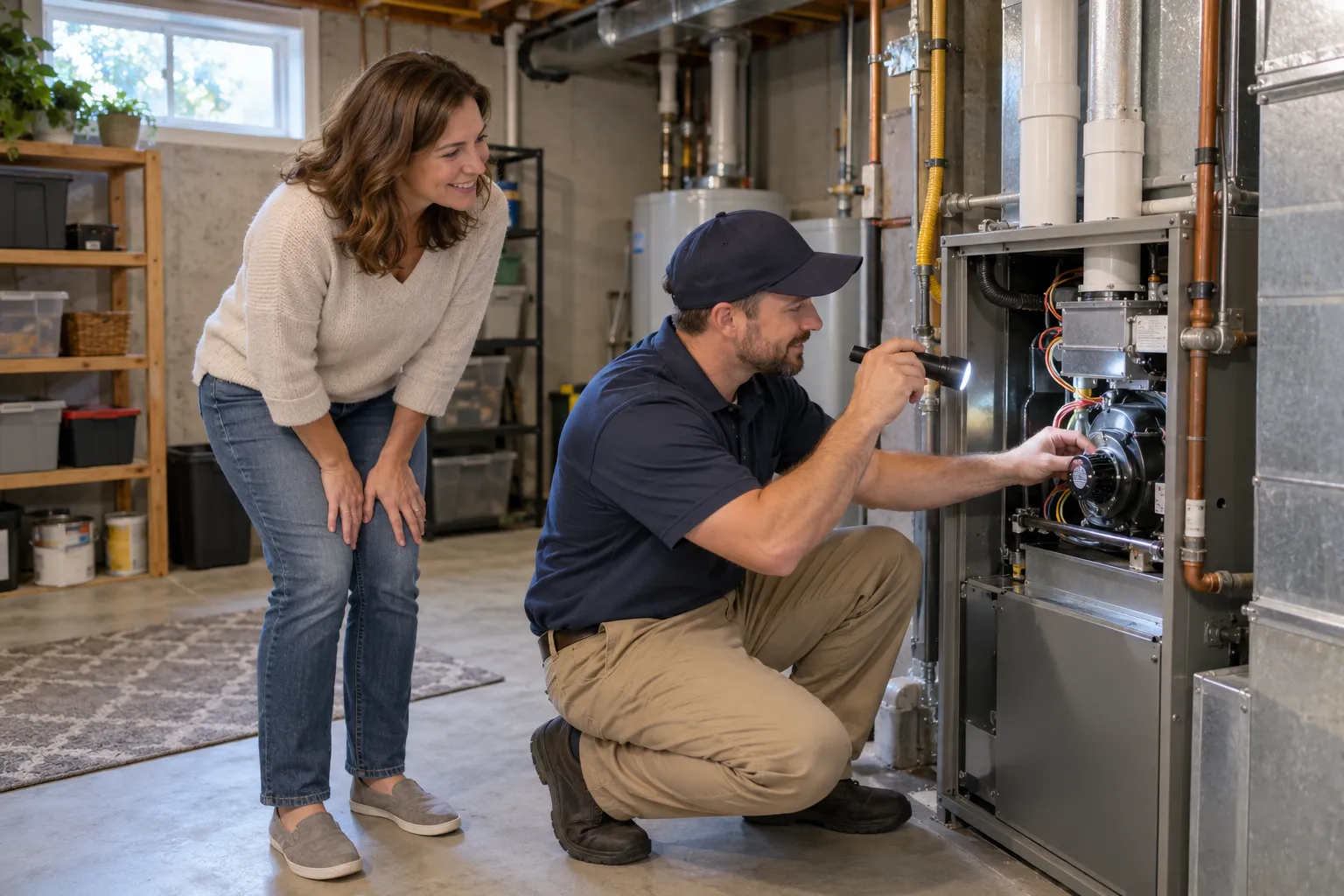 Provider checking a furnace in a home basement in the Frederick area